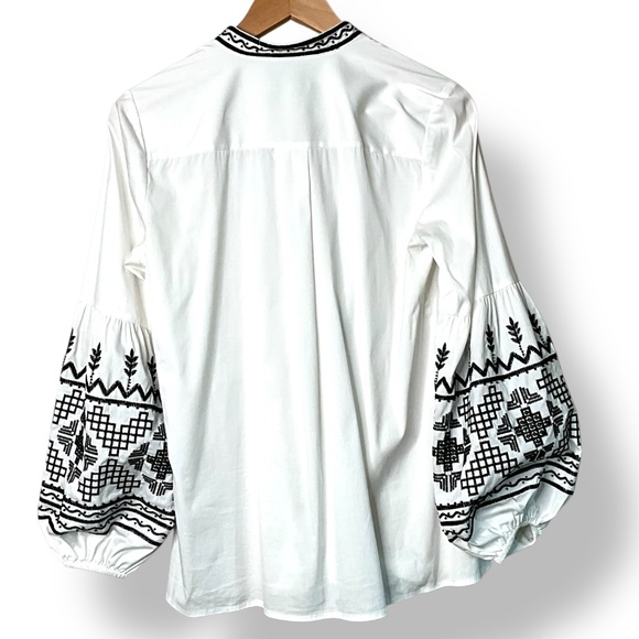 CHICO’S Cotton Poplin Embroidered and Beaded Balloon Sleeve Boho Blouse US Sz 2 - Picture 4 of 14